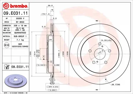 BREMBO 09E03111 Диск тормозной Lexus RX 15- задний D 338мм