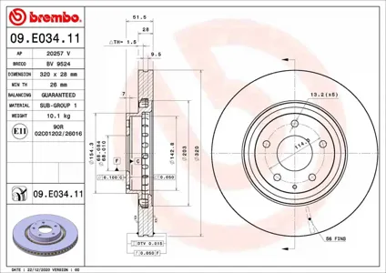 BREMBO 09E03411 Диск тормозной передн. с УФ покрытием Mazda 6 Estate (GJ GL) 0812-> Mazda 6 Saloon (GJ GL) 121