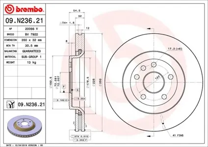 BREMBO 09N23621 Диск тормозной 09.N236.21 передний Jeep Grand Cherokee IV 10>