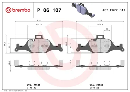 BREMBO P06107 Колодки торм.передние BMW 7 G11,G12 14> 5 G30 3.03.0D 16>
