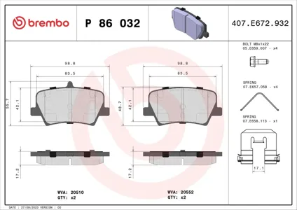 BREMBO P86032 Колодки торм. диск. зад. Geely Monjaro Geely Tugella (20-)