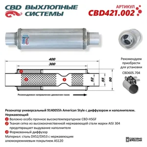 CBD CBD421002 Резонатор American Style 9140055h с диффузором и наполнителем. Нержавеющий. CBD421.002
