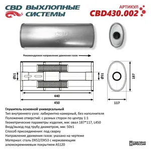 CBD CBD430002 ГЛУШИТЕЛЬ УНИВЕРСАЛЬНЫЙ ПОД ТРУБУ 50 СВД НЕРЖ. СТАЛЬ