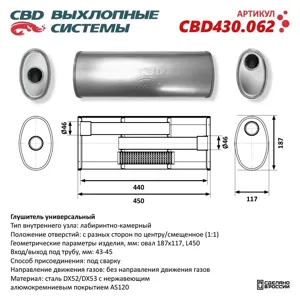 CBD CBD430062 Глушитель CBD430.062. Нержавеющий. Овал D187*117, L450. CBD430.062 NEW