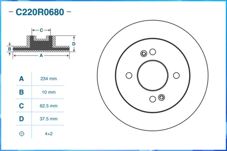 CWORKS C220R0680 Диск тормозной Hyundai I10 I (PA) 112008 - 122011 задн.