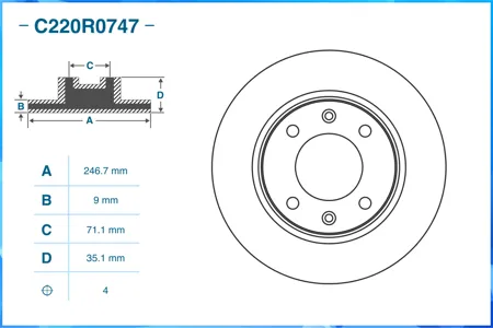 CWORKS C220R0747 Диск тормозной CITROËN Berlingo Berlingo FIRST АВТОФУРГОН МИКРОАВТОБУС (M) 071996 - по н.в. задн.