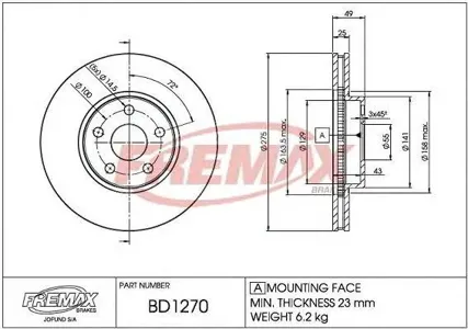 FREMAX BD1270 Диск торм.перед.вент.