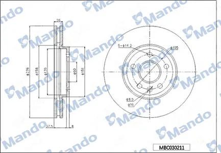 MANDO MBC030211 Диск тормозной передняя ось 276*26*45 5 вентилируемый GM