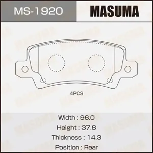 MASUMA MS1920 Колодки торм.задние Toyota Corolla 1.4i1.62.0D 01>диск15'' Verso 1.8WTi2.0D 02>