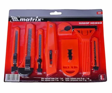 MATRIX 78991 Набор ножей 9-18мм с сегментированным лезвием и скребков 8 предметов MATRIX