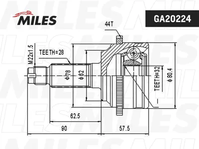 MILES GA20224 ШРУС Mazda 6 2.0-2.3 02-07 пер. нар. (ABS)