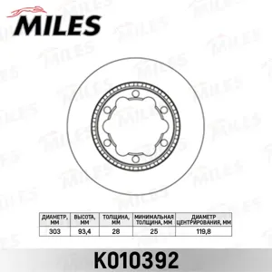 MILES K010392 Диск тормозной Mercedes Sprinter 06 VW Crafter (33.55t) 06 задний вент. (TRW DF4919S)