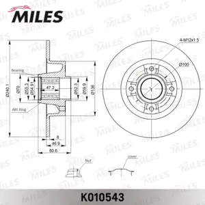 MILES K010543 Диск торм.задний с подшипником Renault Clio III 05- Megane II 02- (TRW DF4274BS)