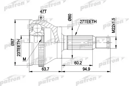 PATRON PCV1617AR Шрус наруж.лев.к-кт [A27 B23 D60 ABS47] Hyundai Sonata III, IV 06.98-11.05 ЛЕВЫЙ