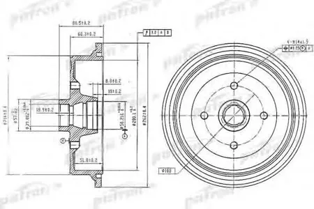 PATRON PDR1198 Барабан тормозной Audi 80 72-76, 80 86-91, 90 86-87, Coupe 80-87