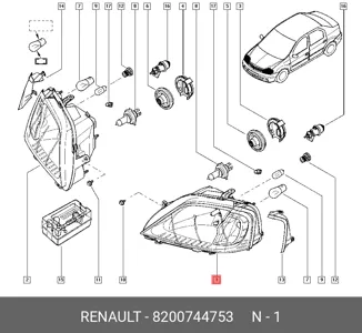 RENAULT 8200744753 Фара левая электр. с лампами W5WPY21WH4 Dacia Logan 1.2-1.6 04-10