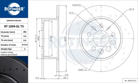ROTINGER RT1049GLT3 Диск торм.задний перфорированный