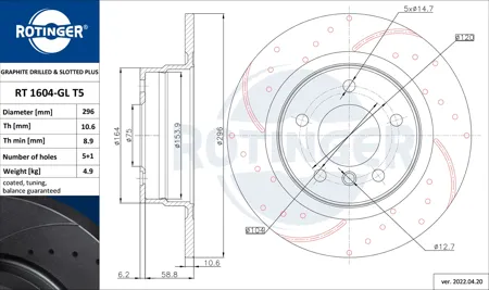 ROTINGER RT1604GLT5 Диск торм.задний перфорированный