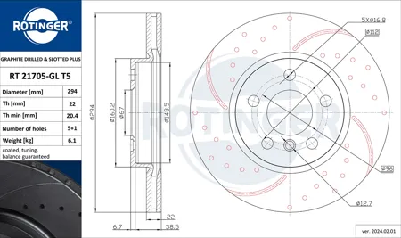 ROTINGER RT21705GLT5 Диск тормозной графитовый с перфорацией и насечками