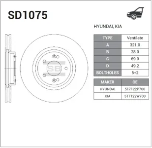 SANGSIN SD1075 Торм.диск пер.вент.[321x28] 5 отв. Kia Sorento , Hyundai Santa Fe 2.0-2.4iCRDi 09>
