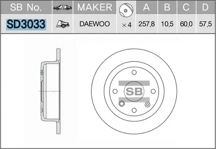 SANGSIN SD3033 Диск торм.задний Chevrolet Lacetti , Daewoo Nubira 1.41.61.8 03>