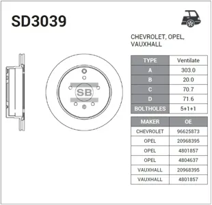 SANGSIN SD3039 Диск торм.задний Opel Antara , Chevrolet Captiva 2.0-3.2 06>