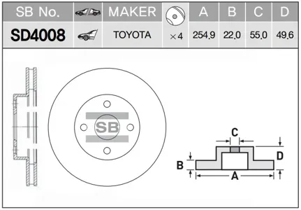 SANGSIN SD4008 Торм.диск пер.[255x22] Toyota Corolla (E12)1.3-1.8 01-07 Verso 1.8 01->