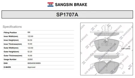 SANGSIN SP1707A Колодки торм.задние