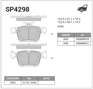 SANGSIN SP4298 Колодки торм.задние Audi A3, VW Golf VII 1.2TSI-1.8TFSI2.0TDI 12>