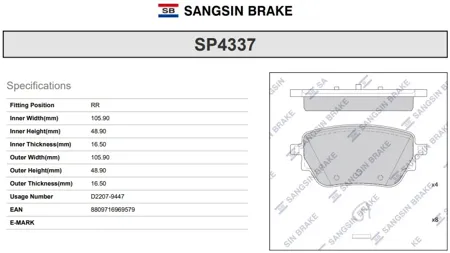 SANGSIN SP4337 Колодки торм.задние Mercedes A 18-> B 18-> CLA 19->GLA 20->GLB 19->