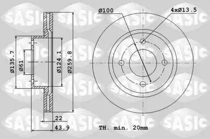 SASIC 4004308J Диск тормозной Renault Nissan CLI Omega NE 2 Modus Micra Note 03- передн.(260x22) 4 отв.