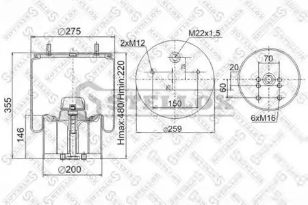 STELLOX 9009402SX 90-09402-sxпневмопод. со стак. 940 Mercedes h423 2шп. m12смещ.25. 1отв. штуц. m22. поршень пластик b