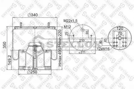 STELLOX 9048814SX 90-48814-sxпневмоподушка со стак. +плита,2шп. m12 смещ.25 1отв-шт. m22 поршень пластик bpw