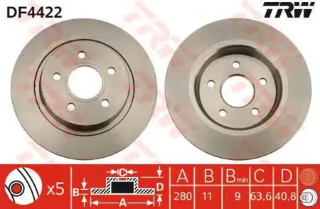 TRW DF4422 Диск торм.зад. Ford Focus II,C-MAX 1.6TDci, 1.8TDCi, 2.0TDCi, 2.0 04=>