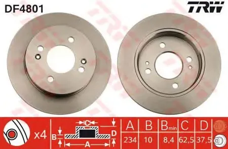 TRW DF4801 Диск торм.зад. Kia Picanto I 04-11,II 11-17,III 17=> 234x10