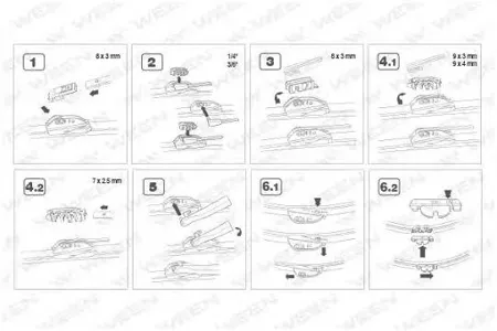 WEEN 1004019 Стеклоочиститель бескаркасный 19 480mm адаптеры крючок ,side pin,push button,pinch tab, top lock,ba