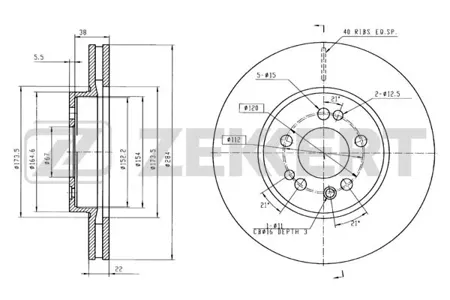 ZEKKERT BS5022 Диск торм. перед. Mercedes 190 (201) 84-, Mercedes E-Class (124) 93-, SL (R107) 85-