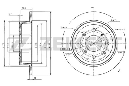 ZEKKERT BS5131 Диск торм.задний Honda Accord III 85-, Civic III-VI 86-, CRX II 87-, Rover 200 (RF, XW) 89-, 400 (XW,RT) 90-, 45 (RT) 99-