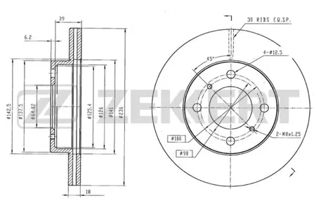 ZEKKERT BS5139 Диск торм. перед. Mitsubishi Carisma 95-, Colt IV, V 92-, Lancer V, VI 92-