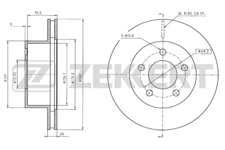 ZEKKERT BS5184 Диск торм. перед. Jeep Cherokee I, II 84-, Grand Cherokee 91-, Wrangler I, II 86-