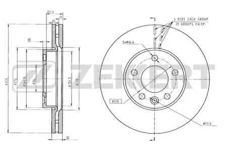 ZEKKERT BS5357 Диск торм. перед. VW Multivan V 03-, Touareg 02-, TranSporter IV, V, VI 92-