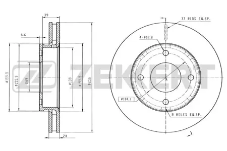 ZEKKERT BS5407 Диск торм. перед. Mitsubishi Colt VI 04-, Smart Forfour (454) 04-