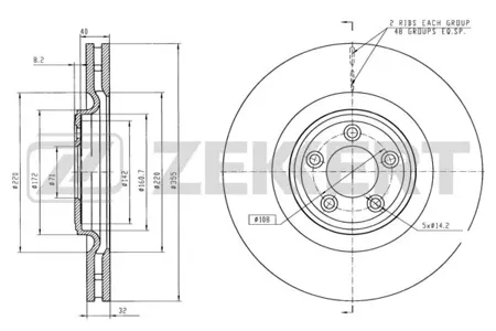 ZEKKERT BS5822 Диск торм. перед. Jaguar F-Type (X152) 12-, XF (X250) 08-, XJ (X351) 09-, XK (X150) 06-