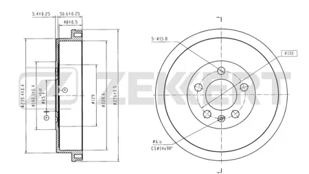 ZEKKERT BS6016B Барабан тормозной задний VW Polo V 10-, Skoda Rapid (NH3, NK3, NH1) 12- (с покрытием)
