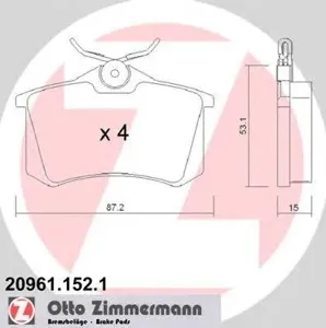 ZIMMERMANN 209611521 Колодки торм.задние 87x53x15 VW Golf Passat 1.61.81.9TD 88-97, Renault Scenic 99-0