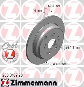 ZIMMERMANN 280318220 Диск торм.задний 302x1061-5x114 Honda CR-V 2.2CTDi 05>