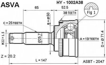 ASVA HY1002A38 ШРУС внешний | перед |