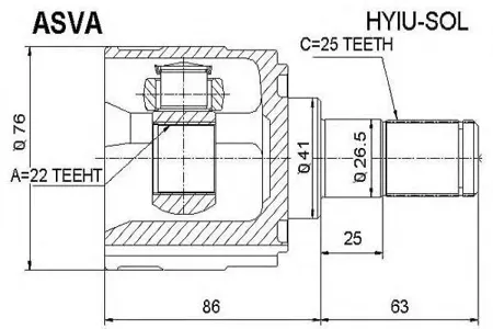 ASVA HYIUSOL Шрус внутренний 22x41x25 HYUNDAI SOLARIS 2010- (W/O ABS)