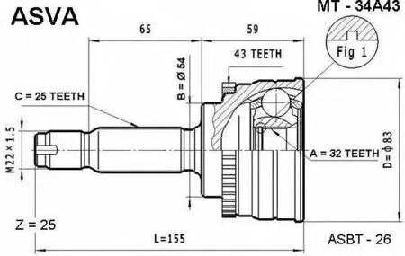 ASVA MT34A43 ШРУС внешний | перед |