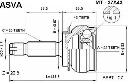 ASVA MT37A43 ШРУС наружный 22x57x25